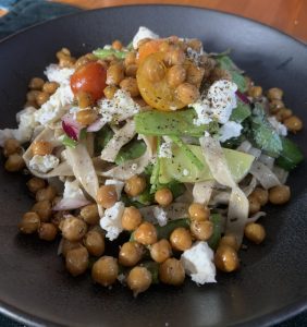 Pasta with chickpeas, beans, tomato and feta